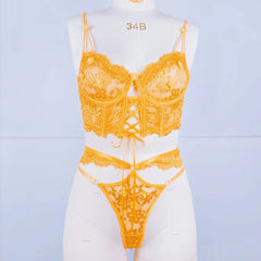 Sexy Lace Bra Set with Beaded 3D Flowers & Underwire