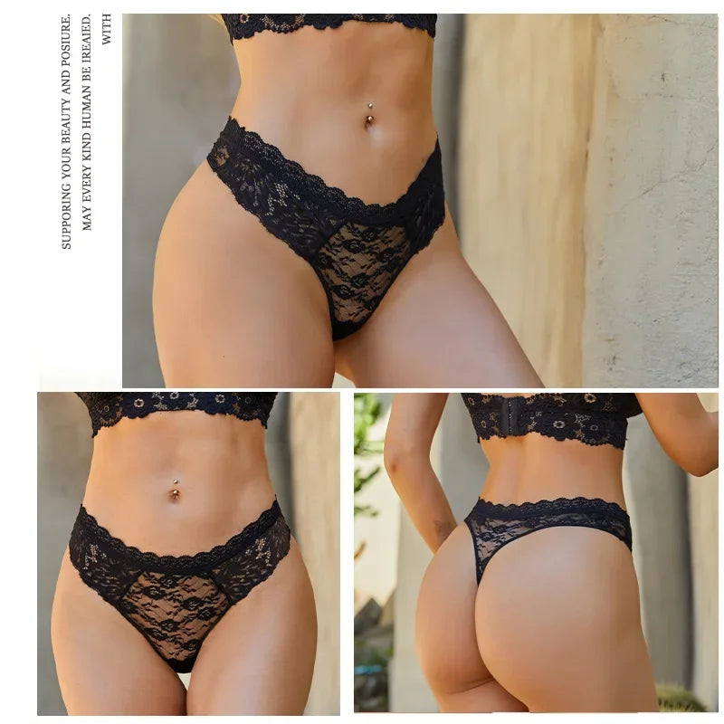 Black lace lingerie set worn by a model against a neutral background