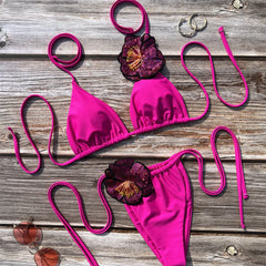 3D Floral Halter Bikini Set – Strappy Padded Two-Piece Swimwear