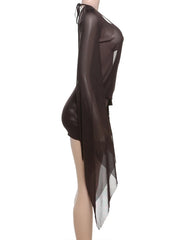 Brown sheer dress on a mannequin against a white background