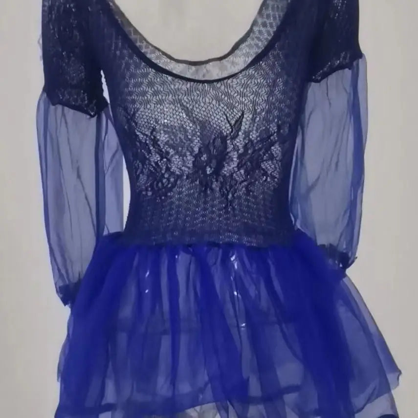 Blue lace dress with sheer sleeves on a plain background