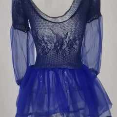 Blue lace dress with sheer sleeves on a plain background