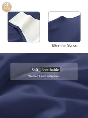 Navy blue lace underwear with ultra-thin fabric details and soft breathable text.