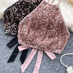 Shiny Sequined Halter Neck Top for Women