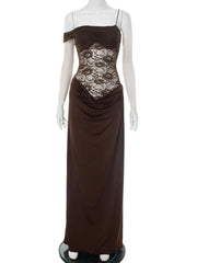 Brown evening gown with lace detailing on a mannequin against a white background