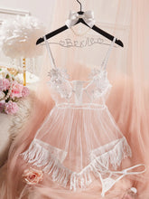 White Embroidered Mesh Nightgown – Backless Tassel V-Neck Dress