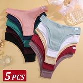Set of five pairs of colorful underwear on a beige background with '5 PCS' label.