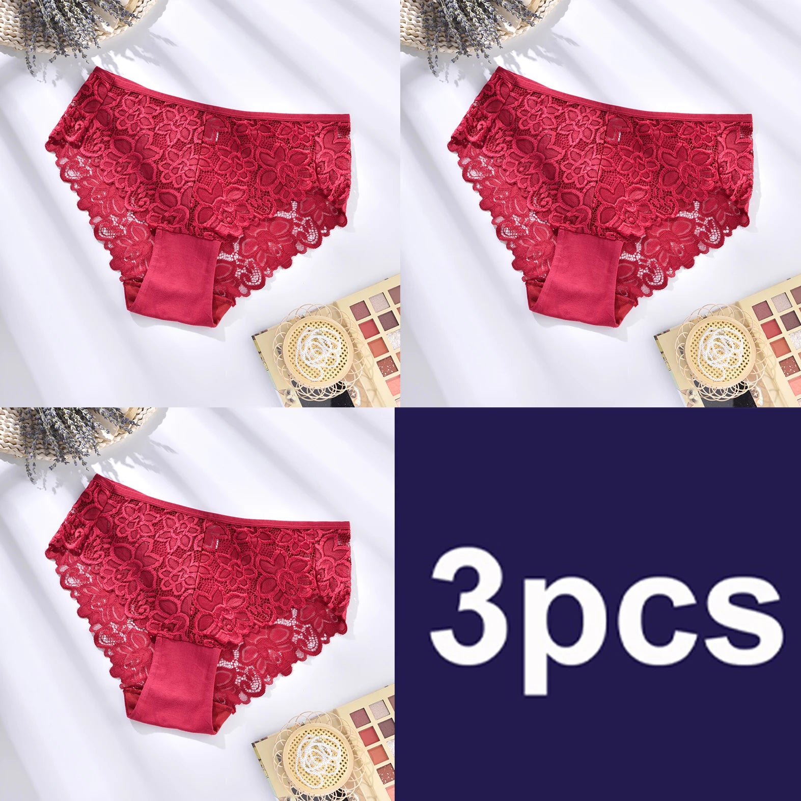 Three pairs of red lace underwear on a white background with '3pcs' text.