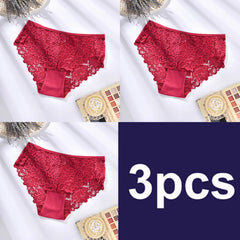 Three pairs of red lace underwear on a white background with '3pcs' text.