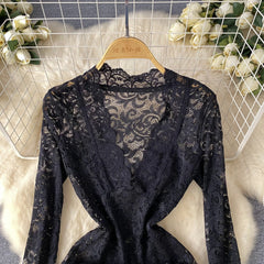 Sexy Sheer Lace Ruffle Dress – V-Neck & Long Sleeve Midi