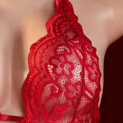 Women Floral Lace Deep V Teddy Babydoll