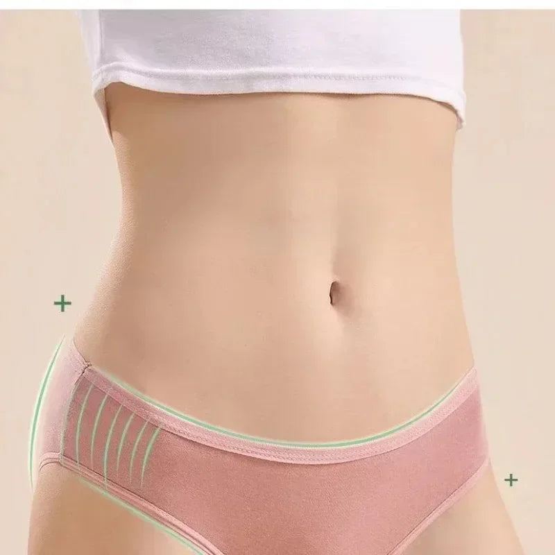 Person wearing a white top and pink underwear on a beige background
