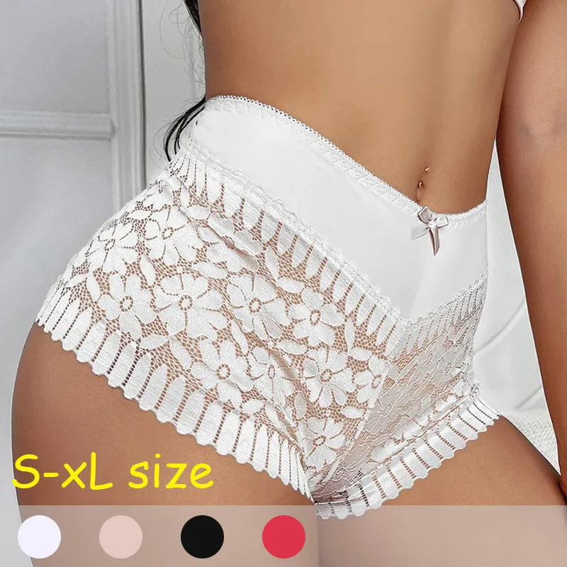 White lace underwear with size chart on a neutral background