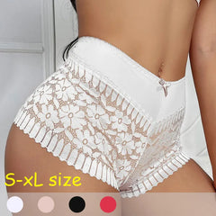 White lace underwear with size chart on a neutral background