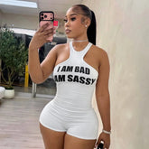 Halter Neck Letter Print Short Romper Women