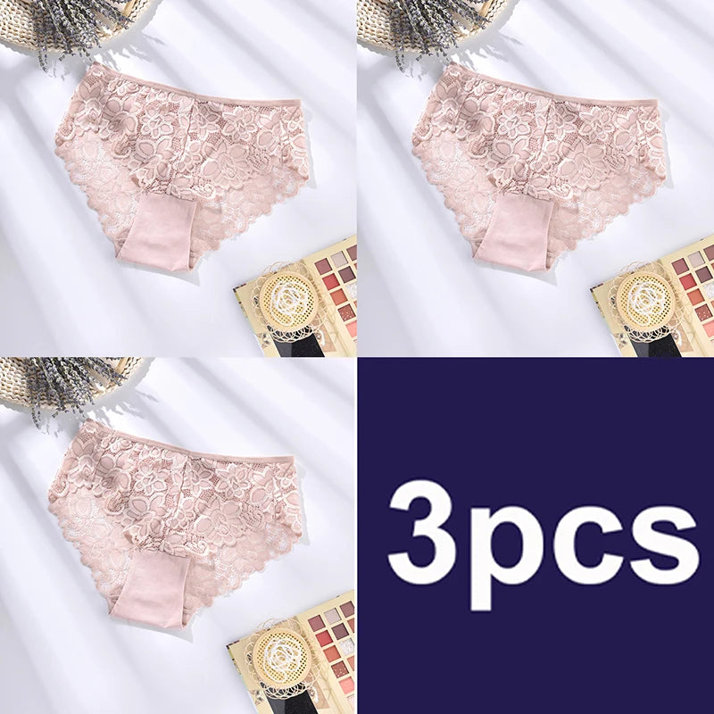 Set of three pink lace underwear pairs with '3pcs' text on a white background.