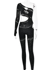 Black sequin outfit on a mannequin against a white background