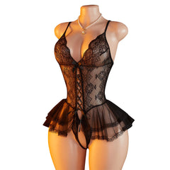 Black lace lingerie set on a mannequin against a white background