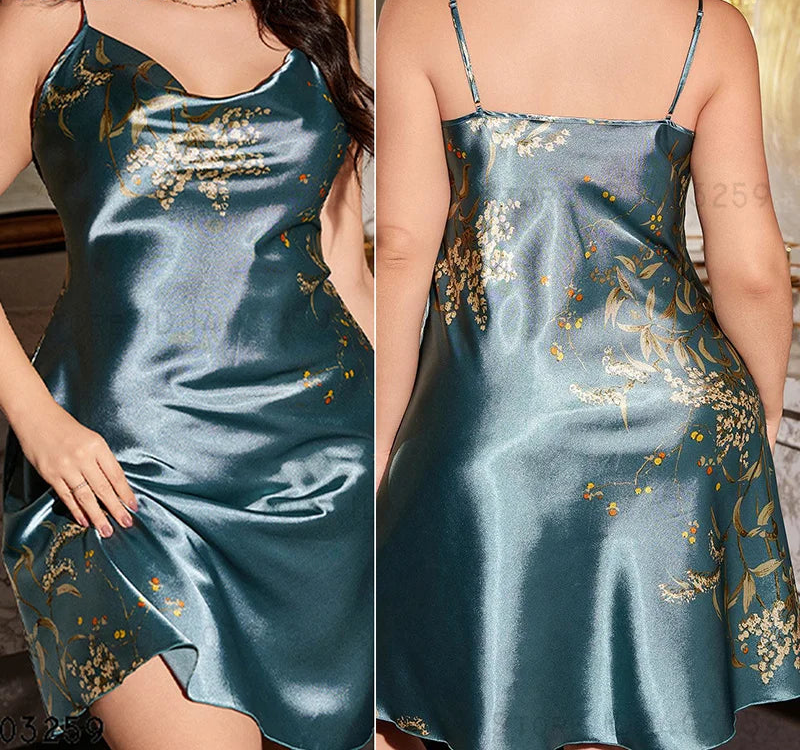 Teal satin slip dress with floral embroidery on a model, front and back views.