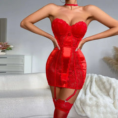 Strapless Lace Sheer Nightdress with Garter Belt