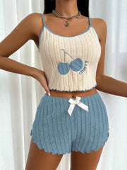 Women Cherry Embroidered Ribbed Cami Pajama Set
