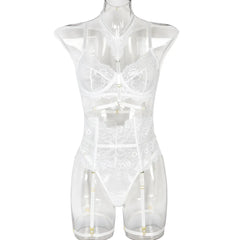 Clear lace romper on a mannequin against a white background