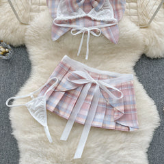 Japanese Plaid Bow Hollow‑Out Tank & Skirt Set