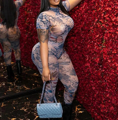 Sheer Dragon Print Jumpsuit – Backless Slim Fit Clubwear for Women