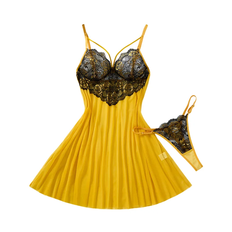 A yellow lingerie set featuring a pleated chemise with black lace cups and matching black lace thong, displayed on a solid white background.