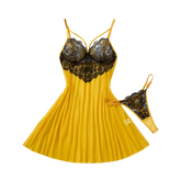 A yellow lingerie set featuring a pleated chemise with black lace cups and matching black lace thong, displayed on a solid white background.