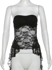 Black lace top on a mannequin with 'kliou' branding.