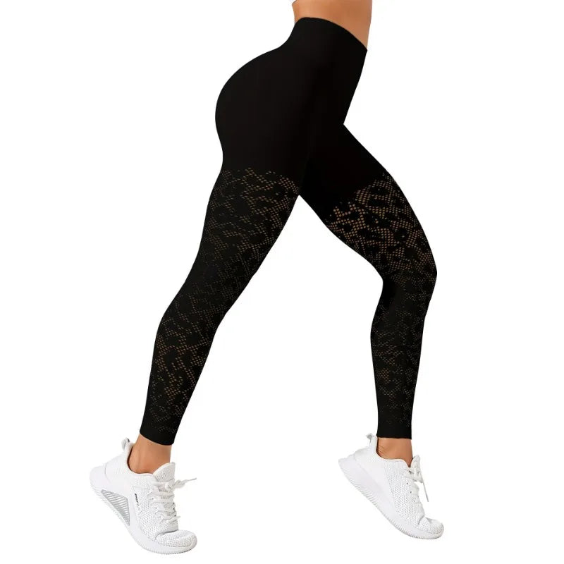 Black leggings with geometric pattern on a white background