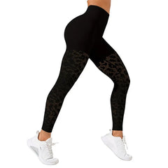 Black leggings with geometric pattern on a white background