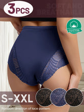 Navy lace shorts with '3 PCS' and 'Cotton' labels, showing a partial view of a person.
