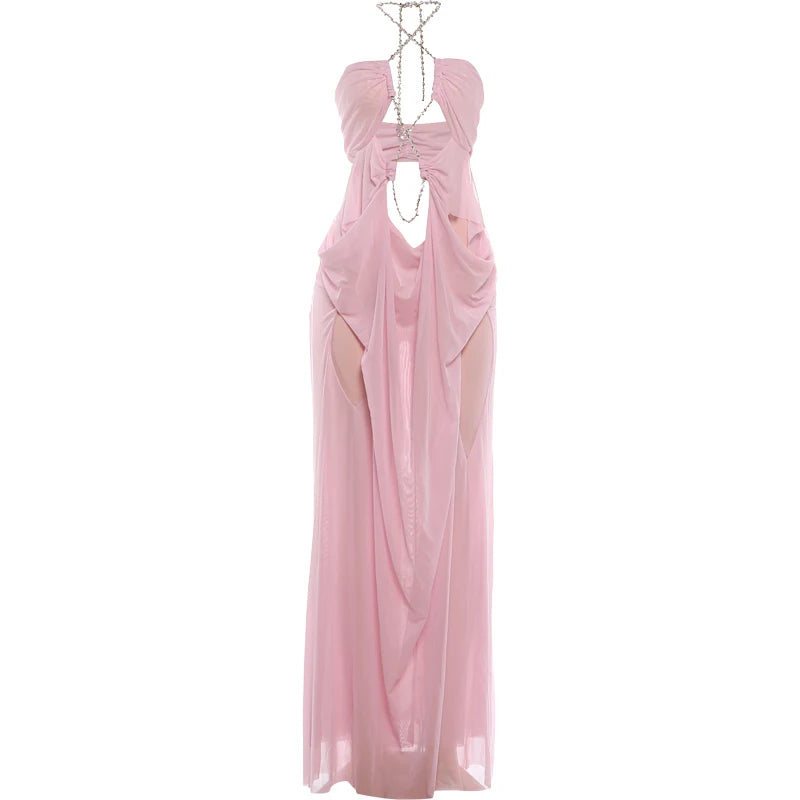 Pink evening gown with cut-out design on a white background