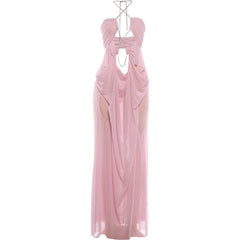 Pink evening gown with cut-out design on a white background