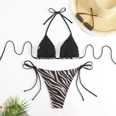 Striped Halter High-Leg Strappy Bikini Set Women