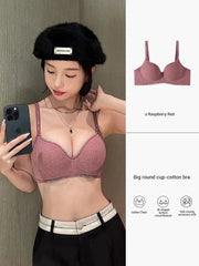 Woman wearing a pink bra, with product details on the right.