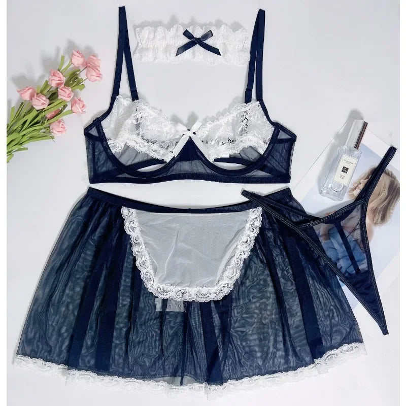 Navy blue lace lingerie set with a white background, featuring a bra, panties, and nightgown.