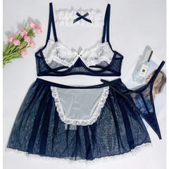 Navy blue lace lingerie set with a white background, featuring a bra, panties, and nightgown.