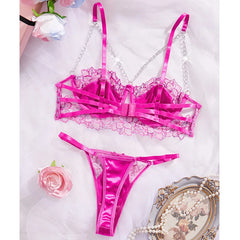 Rose Red Embroidered Lingerie Set – Chain Bra & Steel Ring Bralette