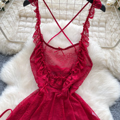 Sexy Lace Nightwear Dress – Ruffle Straps & Bow Back Design