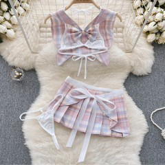 Japanese Plaid Bow Hollow‑Out Tank & Skirt Set
