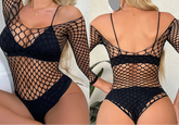 Woman wearing a black fishnet bodysuit with front and back views.