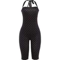 Black polka dot jumpsuit on a white background