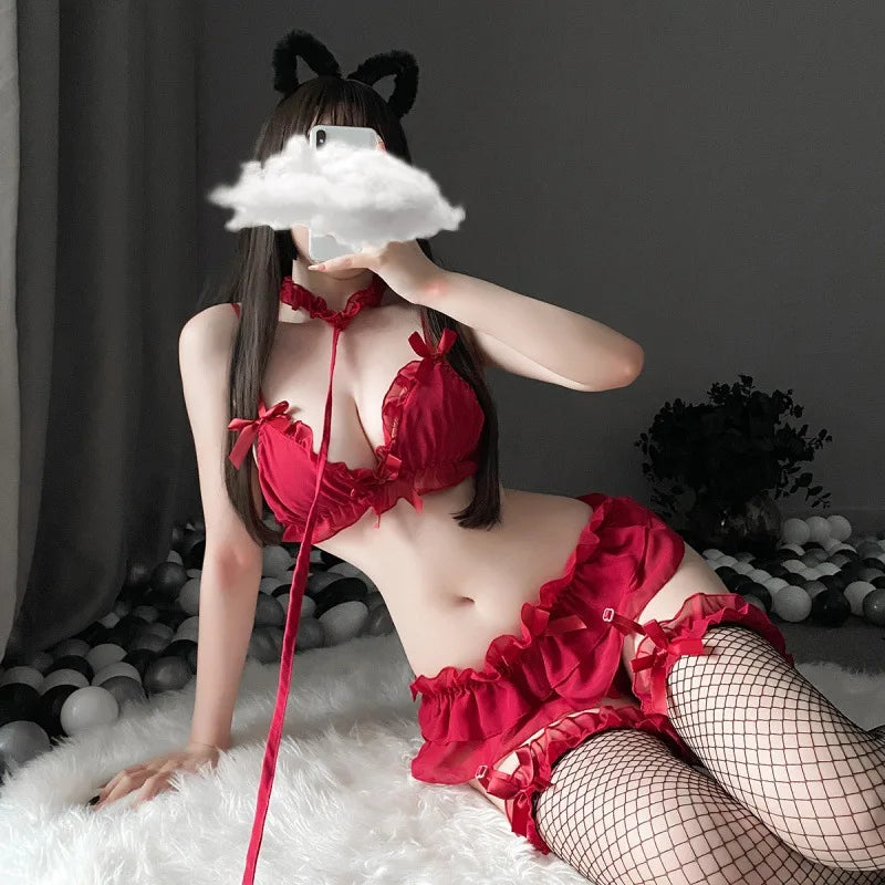 Person wearing a red lingerie set with bunny ears and a cloud filter over their face.