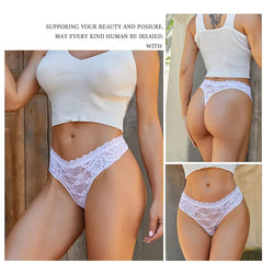 Person wearing a white lace underwear set with text above.