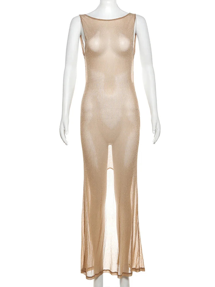 Beige sheer dress on a mannequin with 'kliou' branding.