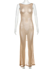 Beige sheer dress on a mannequin with 'kliou' branding.