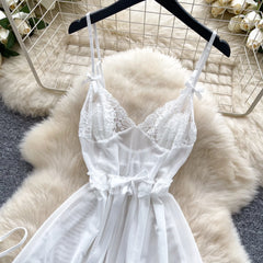 Irregular Mesh Lace Spliced Nightgown – Women’s Sheer Sleepwear Dress